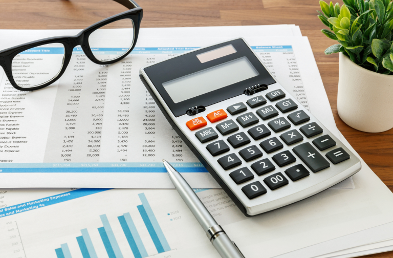 A pen and a calculator on top of a financial spreadsheet